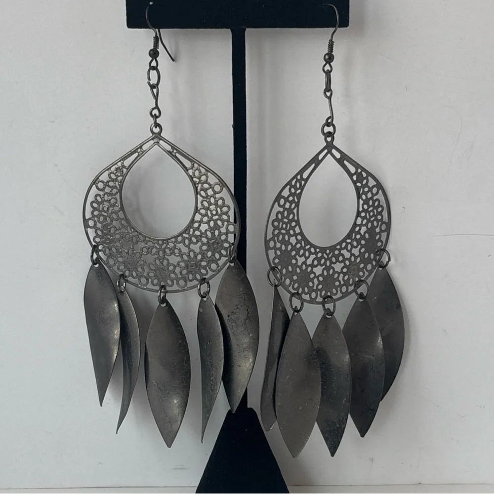 Giant Silver Filigree Leaf Chandelier Earrings‎ - 6 Inch Boho Statement